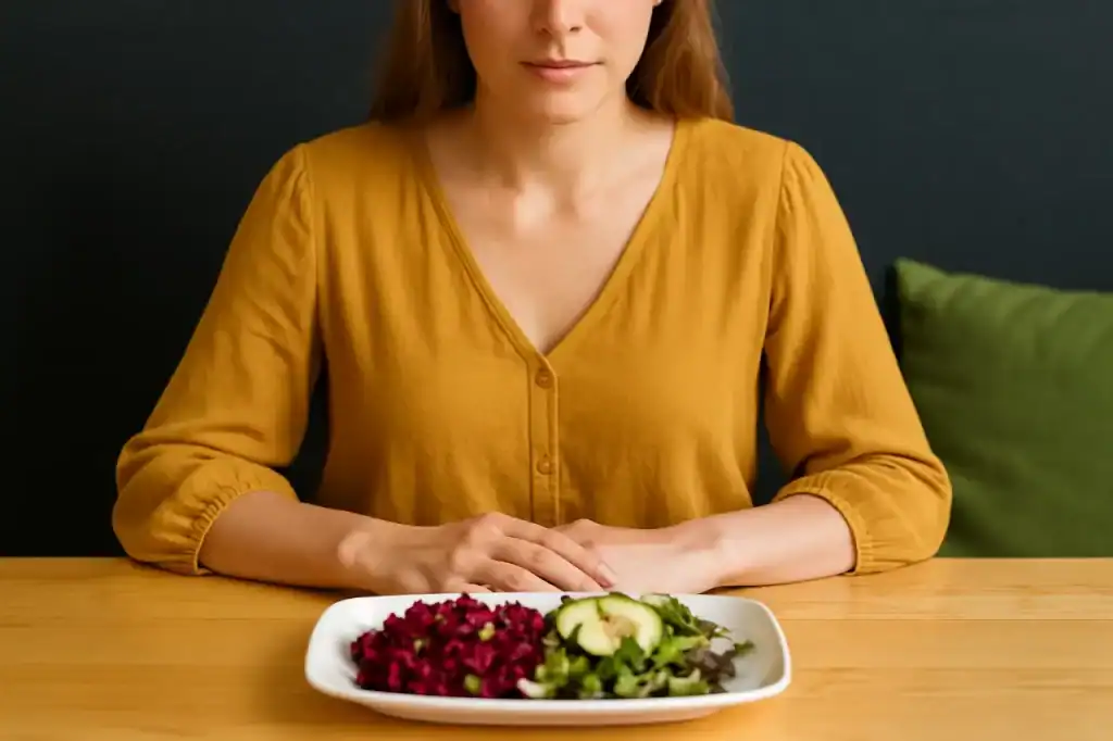 Mulher observando a refeição com calma, praticando mindful eating antes de comer.