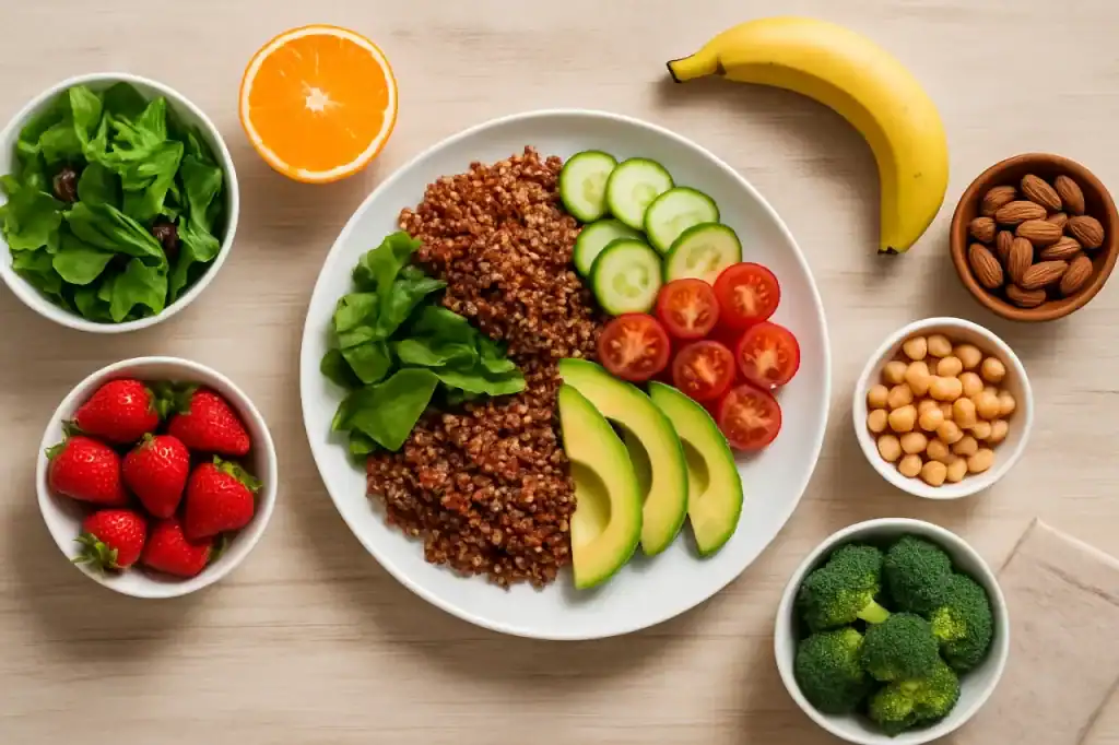 Alimentos frescos e coloridos sobre uma mesa, representando os benefícios do Mindful Eating.