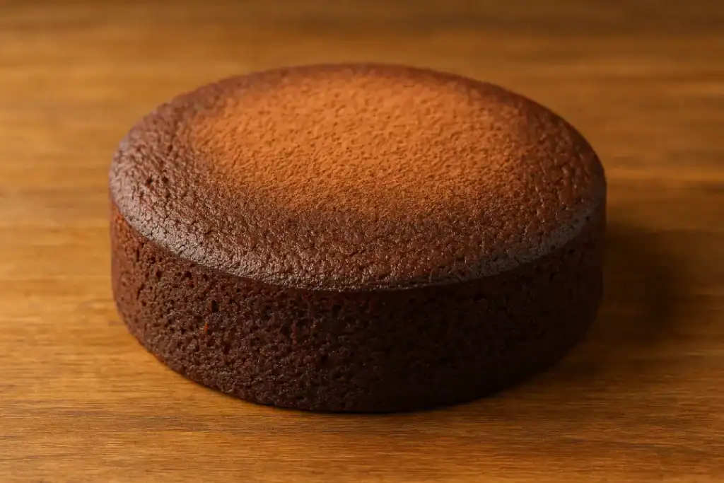 Bolo de cacau com tâmaras recém-assado, com textura úmida e cobertura leve de cacau em pó sobre mesa de madeira iluminada por luz natural.