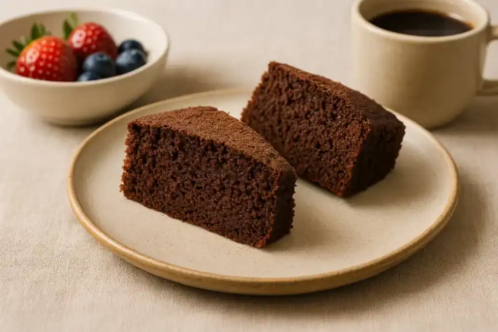 Fatias de bolo de cacau com tâmaras servidas em prato de cerâmica rústico, acompanhadas de café e frutas frescas, sob luz natural suave.