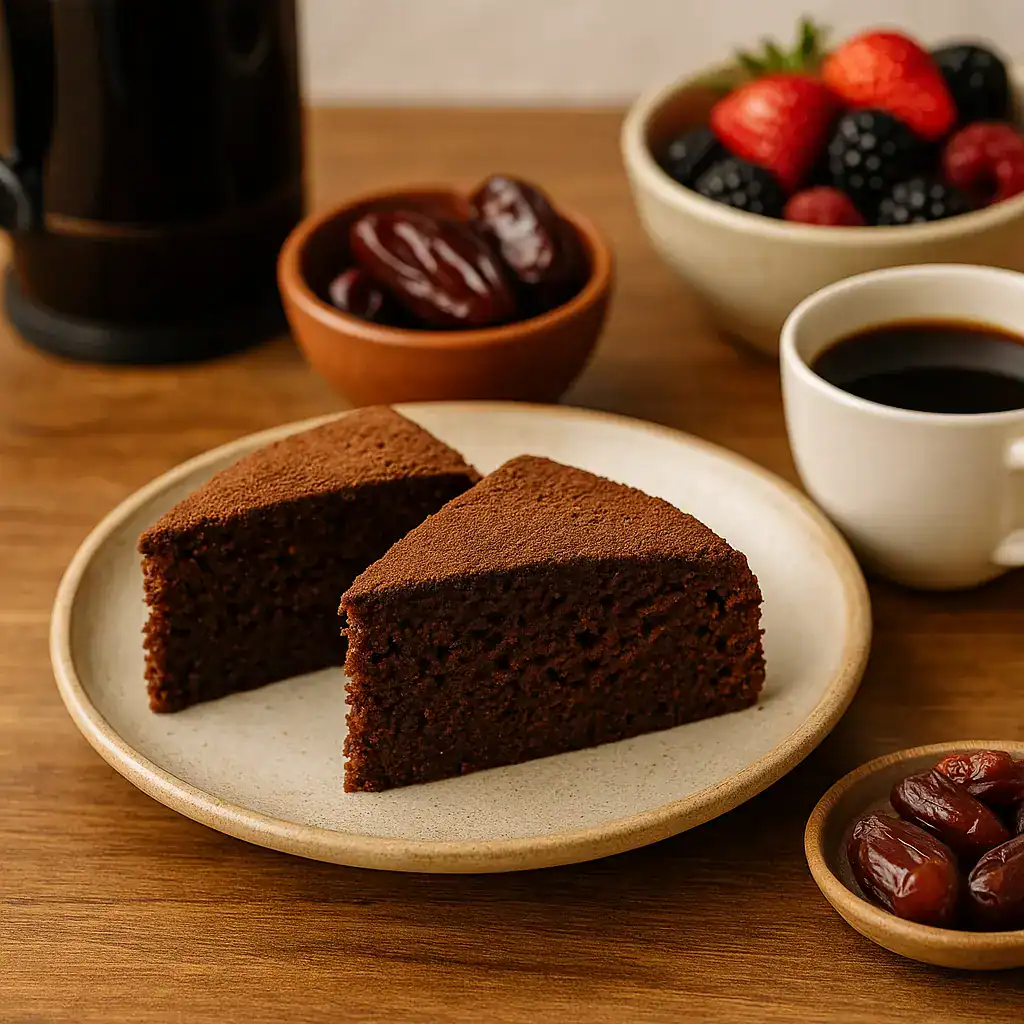Fatias de bolo de cacau com tâmaras servidas em prato de cerâmica, ao lado de café, tigela com tâmaras e frutas frescas, sob luz natural suave.