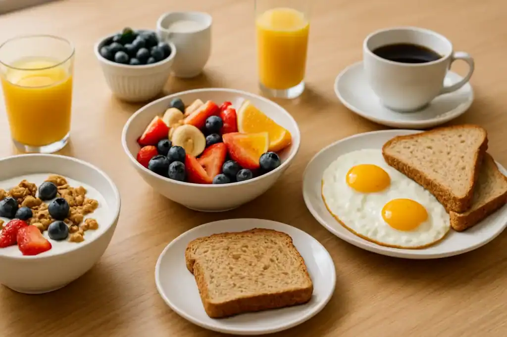Café da Manhã saudável servido à mesa com alimentos nutritivos.