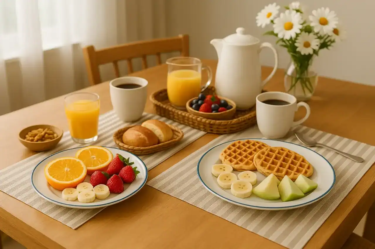 Mesa de café da manhã completa com frutas, pães, bebidas e utensílios.