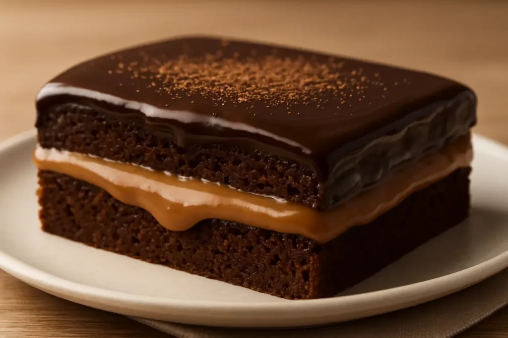 Close do corte do pão de mel saudável mostrando a textura da massa, do recheio e da cobertura de chocolate.