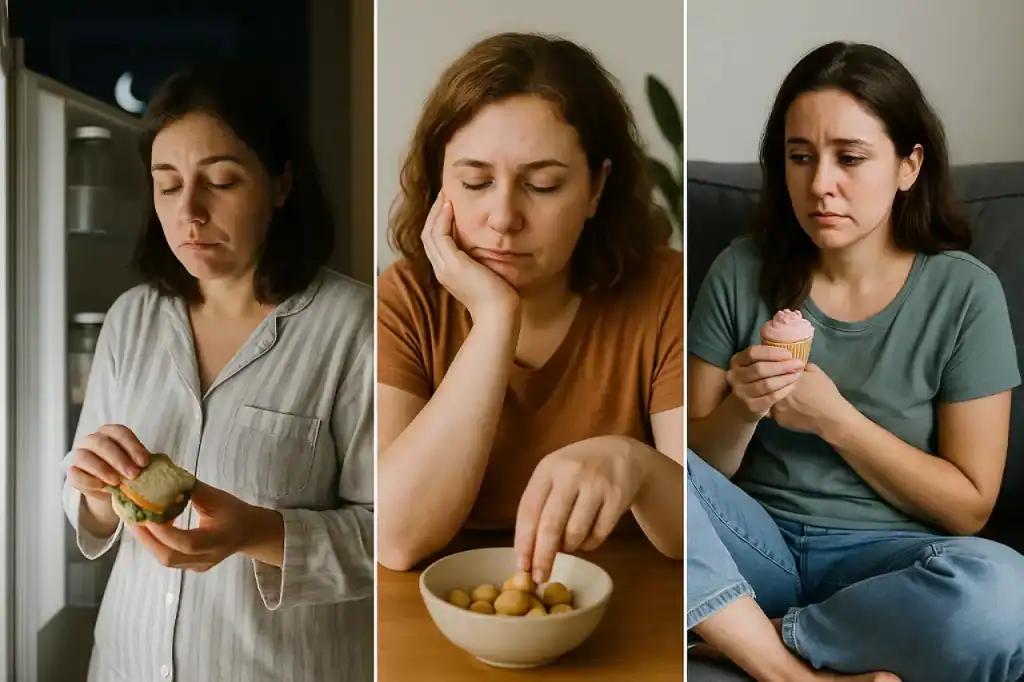 Três situações que ilustram o comer por emoção: mulher pegando comida de madrugada, outra beliscando sem fome e uma terceira triste ao comer um doce.