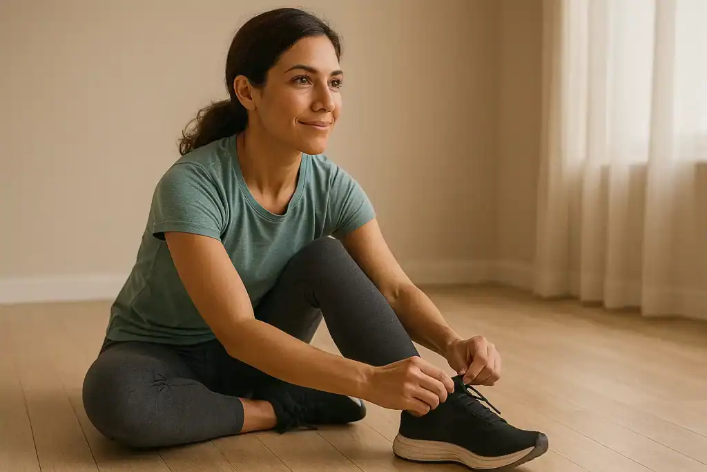 Mulher sentada amarrando o tênis com expressão calma e motivada, simbolizando o início de exercitar-se com propósito.