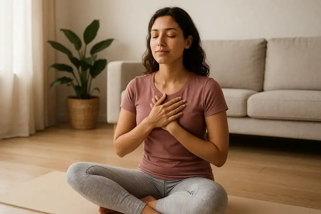 Mulher sentada no tapete de yoga, olhos fechados e mãos sobre o peito, simbolizando equilíbrio, calma e o ato de exercitar-se com propósito.