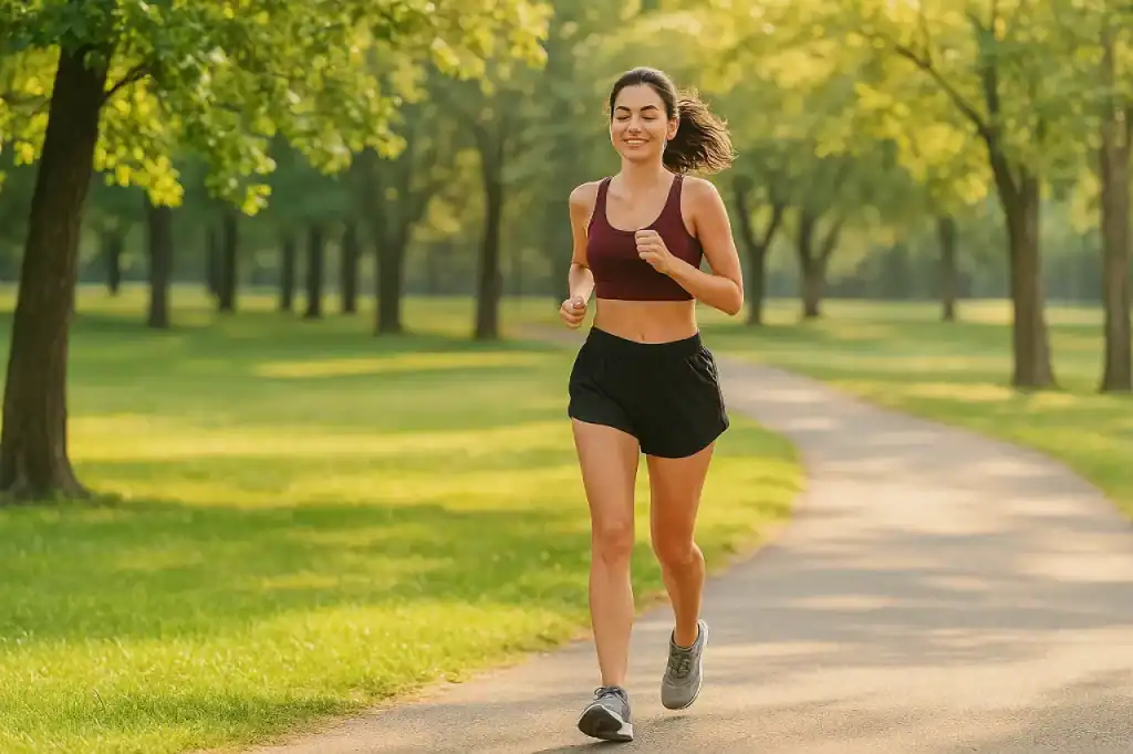 Mulher correndo em um parque verde ao amanhecer, com expressão relaxada e feliz, representando o equilíbrio de exercitar-se com propósito.