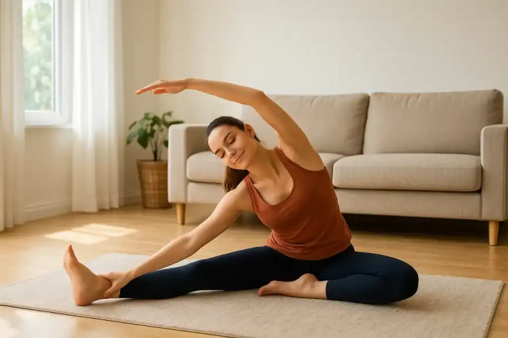 Mulher se alongando em casa, com expressão relaxada e serena, representando leveza e equilíbrio ao exercitar-se com propósito.