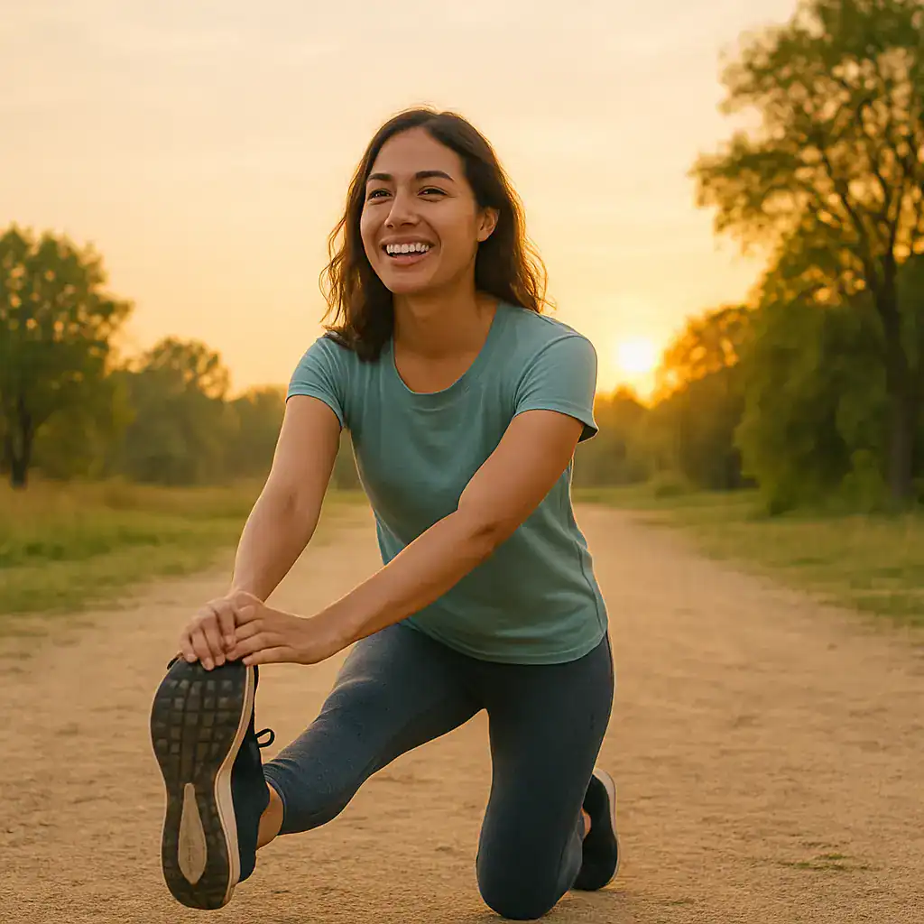 Mulher sorrindo enquanto se alonga ao ar livre ao amanhecer, representando leveza e bem-estar ao exercitar-se com propósito.