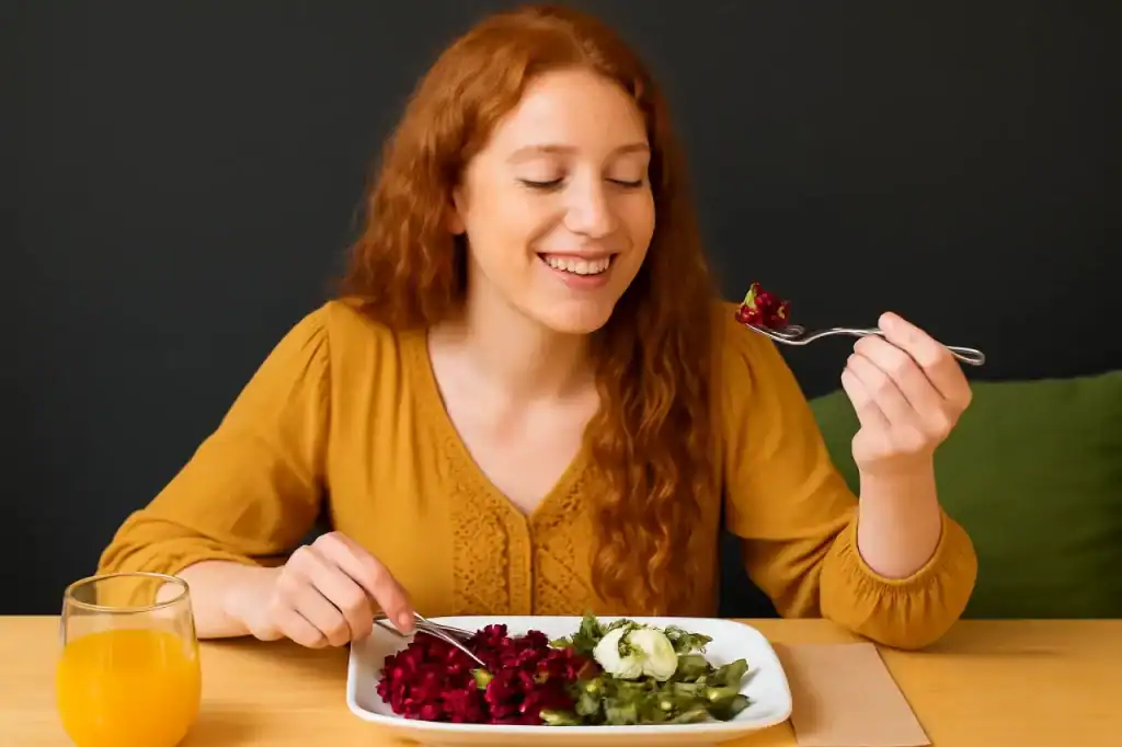 Mulher apreciando uma refeição saudável, praticando Mindful Eating.
