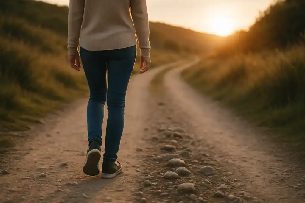 Mulher caminhando por um caminho tranquilo, simbolizando a superação de desafios no Mindful Eating.