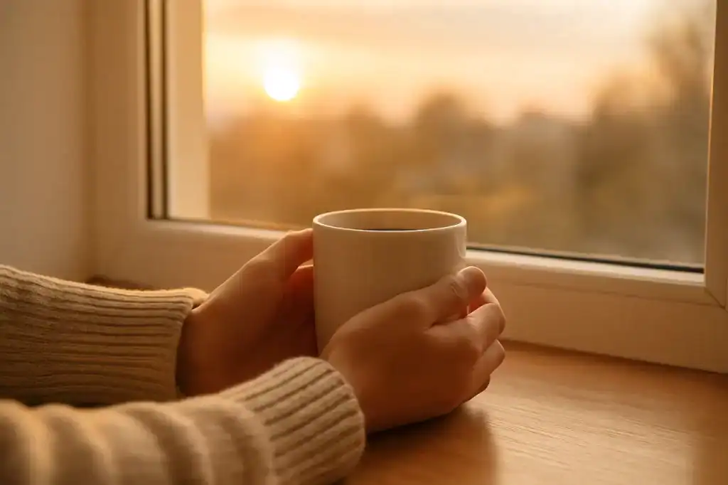 Mulher segurando uma xícara quente perto da janela, simbolizando equilíbrio e novos começos.