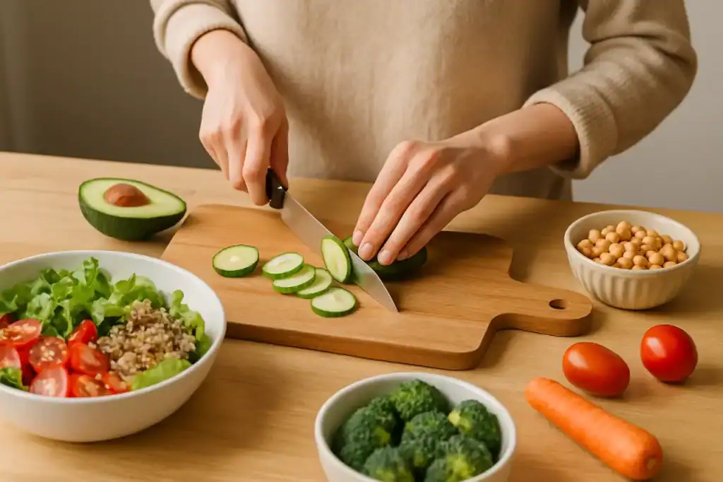 Mulher preparando alimentos frescos na cozinha, desenvolvendo hábitos conscientes.