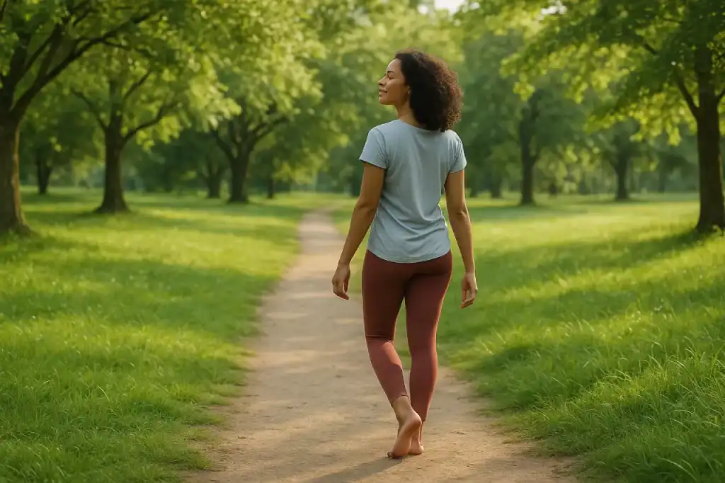 Mulher praticando movimento intuitivo, caminhando descalça em um parque verde sob luz suave, em momento de conexão, leveza e bem-estar.