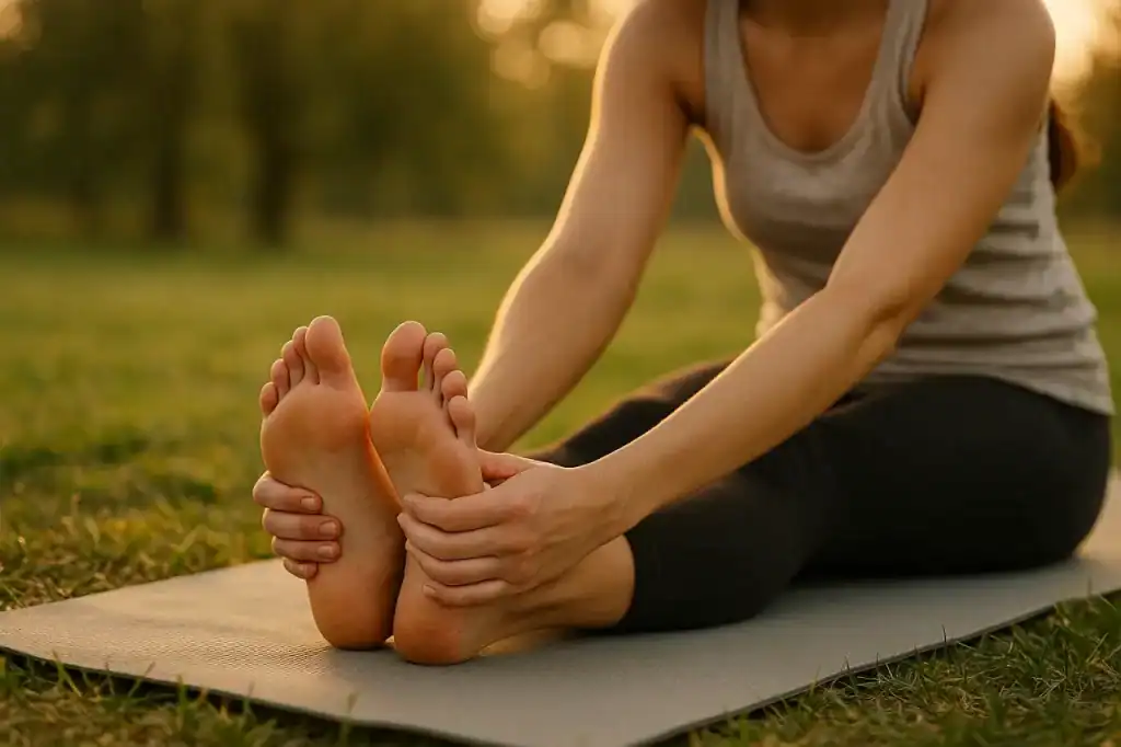 Mulher praticando movimento intuitivo, sentada em tapete de yoga ao ar livre com as pernas estendidas e segurando os pés ao nascer do sol, em momento de calma e conexão.