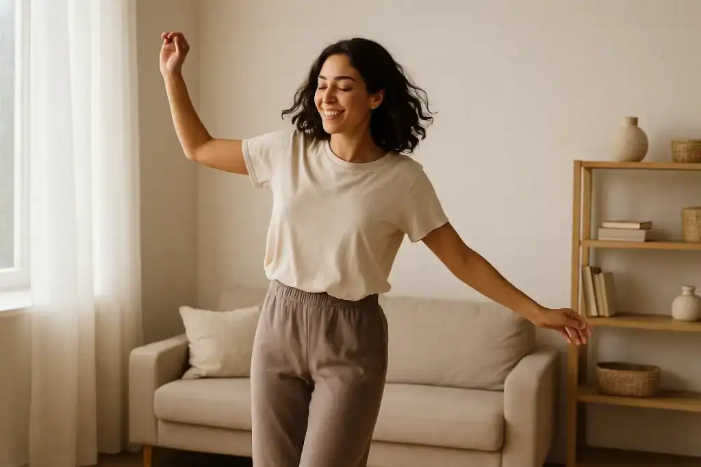 Mulher praticando movimento intuitivo, dançando livremente em casa com expressão de leveza e felicidade, em ambiente iluminado e acolhedor.