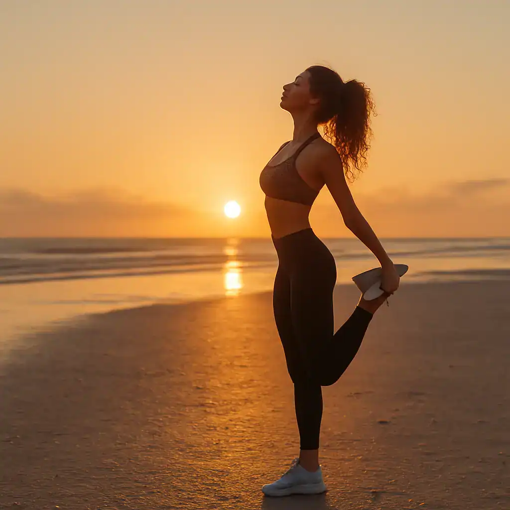 Mulher praticando movimento intuitivo na praia ao pôr do sol, se alongando com leveza e serenidade, em conexão com o corpo e a natureza.