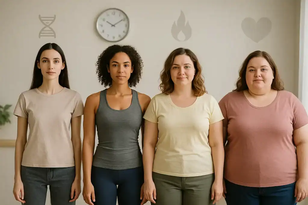 Quatro mulheres de biotipos diferentes lado a lado em ambiente claro, representando a nutrição personalizada e os fatores que influenciam o metabolismo, emoções, genética e rotina.