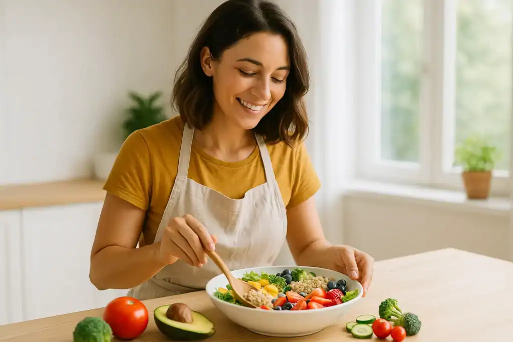 Mulher sorrindo enquanto prepara uma refeição colorida e saudável com frutas, legumes e grãos, representando a nutrição personalizada e o equilíbrio na alimentação.