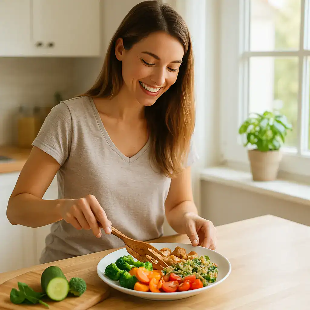 Mulher sorrindo enquanto prepara uma refeição colorida e equilibrada em casa, com luz natural entrando pela janela, simbolizando a nutrição personalizada, leveza e bem-estar.