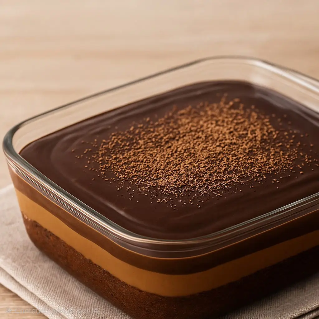 Pão de mel saudável na travessa com camadas de massa, recheio cremoso e cobertura de chocolate brilhante.