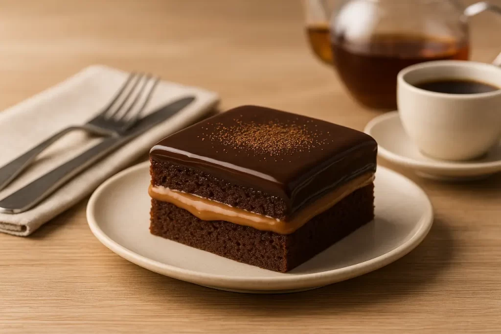 Porção individual de pão de mel saudável servida no prato, com talheres, xícara de café e chaleira ao fundo.