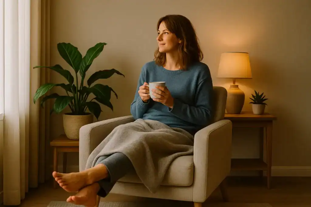 Mulher sentada em uma poltrona, segurando uma xícara de chá e olhando pela janela, em um momento de pausa e autocuidado diante do comer por emoção.
