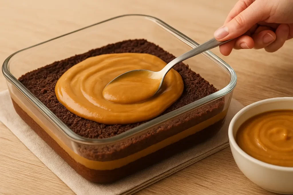 Recheio cremoso sendo espalhado sobre a massa de pão de mel saudável em travessa de vidro.