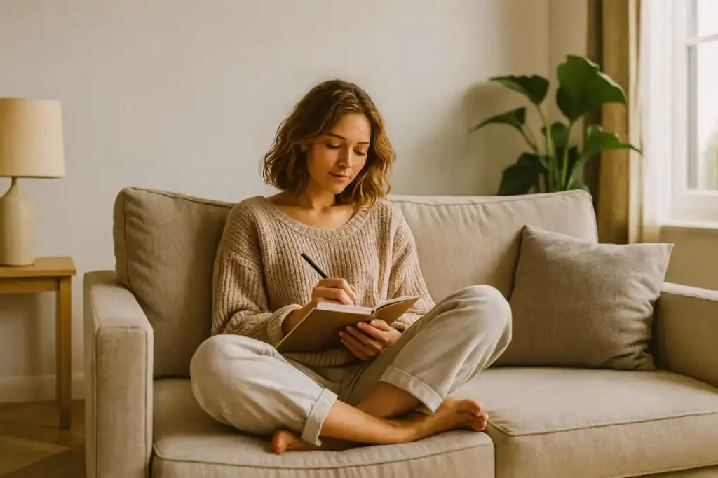 Mulher sentada no sofá escrevendo em um caderno, em um momento calmo de reflexão para compreender o comer por emoção.