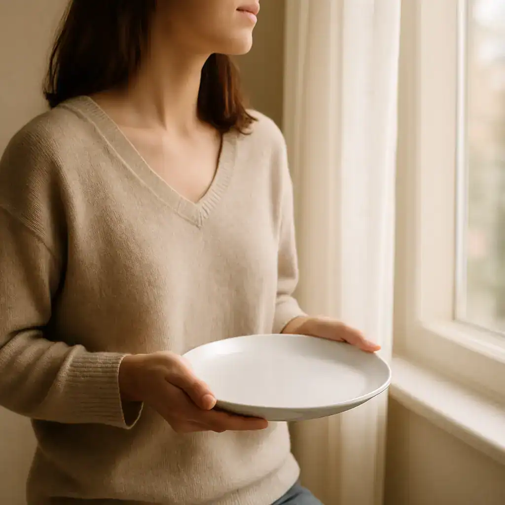 Mulher segurando um prato enquanto reflete sobre a relação emocional com a comida.