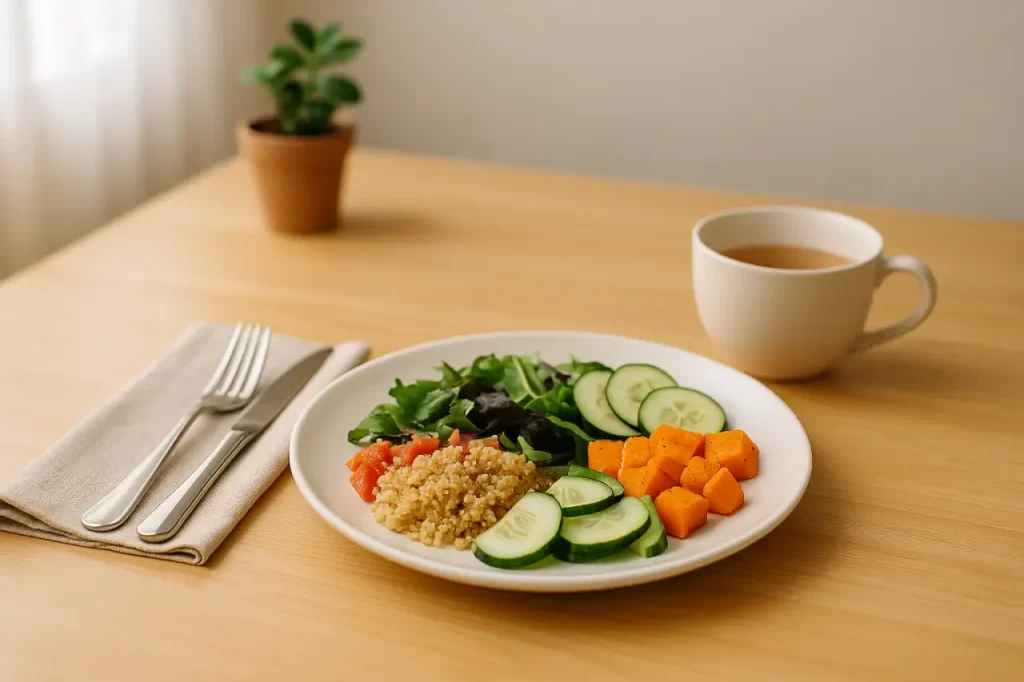 Refeição simples perto da janela iluminada, simbolizando novos começos com Mindful Eating.