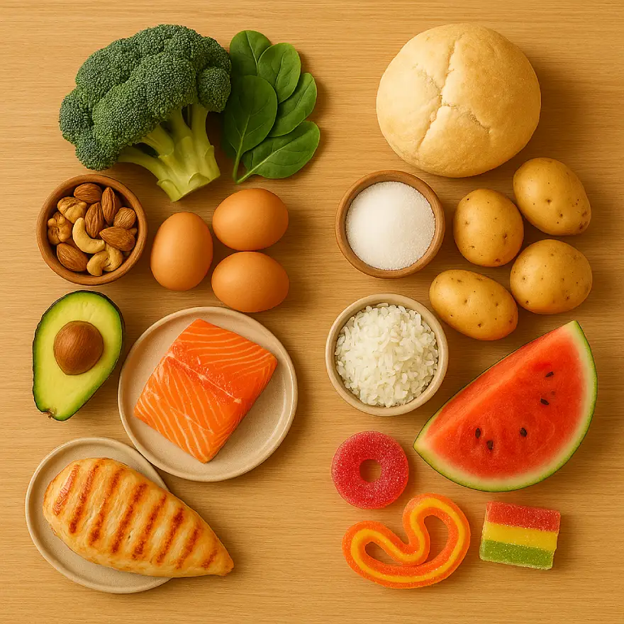 Mesa com alimentos frescos divididos em dois grupos. Lado esquerdo mostra vegetais verdes, proteínas e castanhas. Lado direito tem pão branco, doces e arroz.