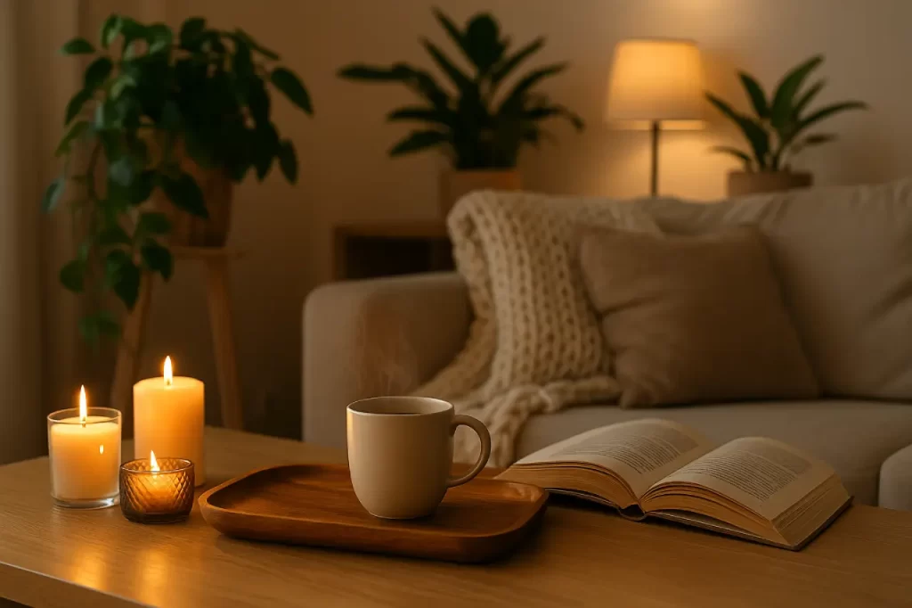 Ambiente acolhedor com velas acesas, xícara de chá fumegante, livro aberto e luz suave, criando um cantinho de descanso ideal para desacelerar e prevenir a Síndrome da Pressa.