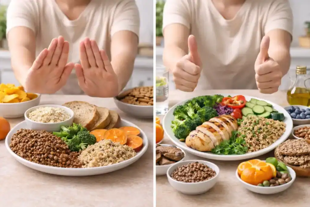 Imagem comparativa mostrando erro de evitar bons carboidratos e escolha correta de refeição equilibrada para controlar o índice glicêmico.