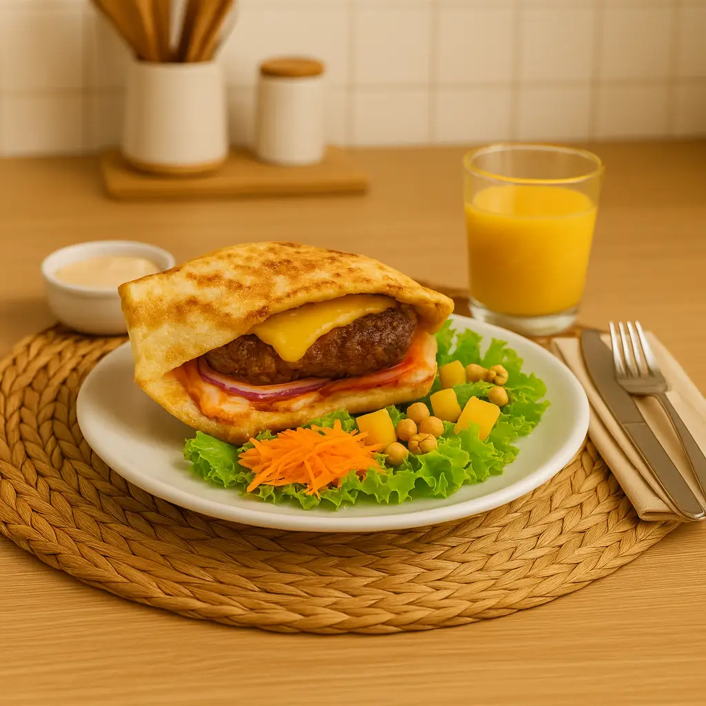 Hambúrguer fit fácil montado em prato branco com fundo clean e boa apresentação