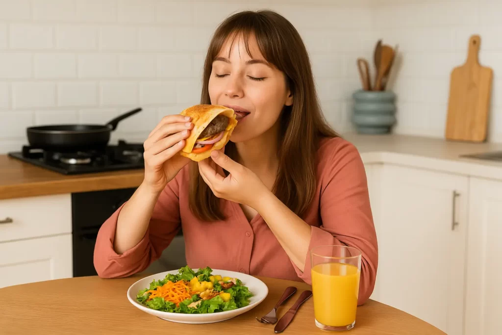 degustando hambúrguer fit fácil em ambiente aconchegante transmitindo prazer e satisfação