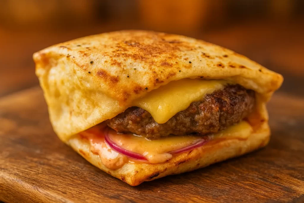 Hambúrguer fit fácil montado em bancada com fundo clean e boa apresentação.