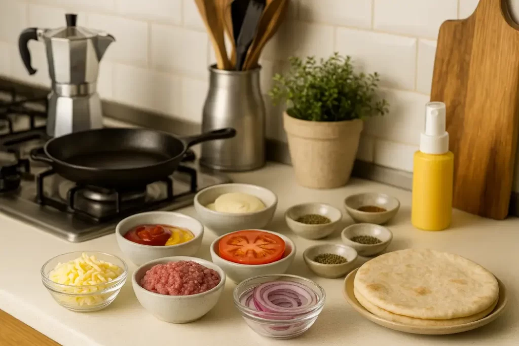 Ingredientes para hambúrguer fit fácil organizados em bowls separados mostrando carne magra e temperos