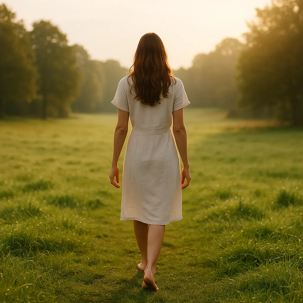 Mulher caminhando descalça pela grama ao amanhecer, em um jardim amplo, representando liberdade e desaceleração consciente como forma de combater a Síndrome da Pressa.