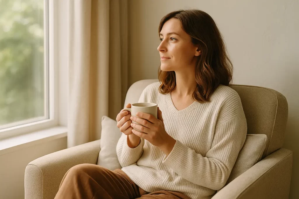 Mulher sentada em uma poltrona iluminada por luz natural, segurando uma xícara de chá e olhando pela janela com expressão calma, simbolizando pausa consciente diante da Síndrome da Pressa.
