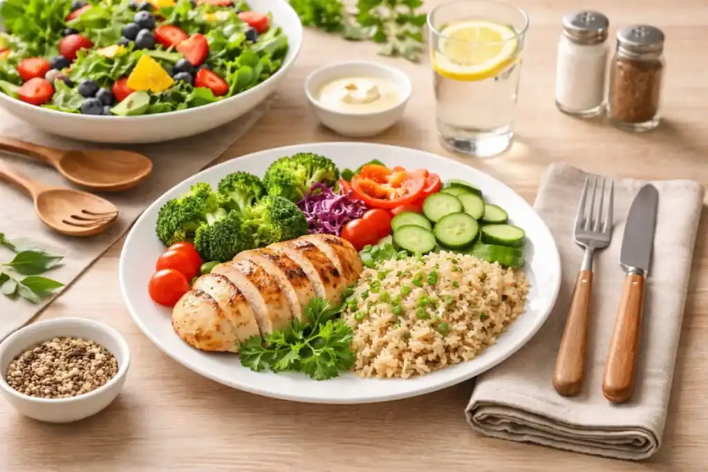 Prato equilibrado com vegetais coloridos, proteína magra e carboidrato complexo, exemplo de refeição com baixo índice glicêmico.