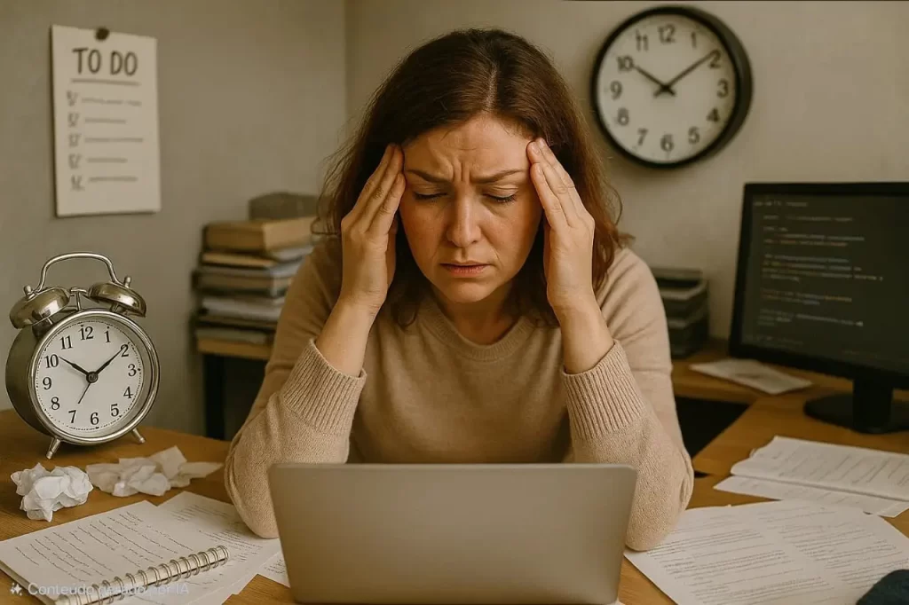 Mulher estressada diante do laptop em um ambiente de trabalho caótico, cercada por relógios, notificações e tarefas, representando claramente a Síndrome da Pressa.