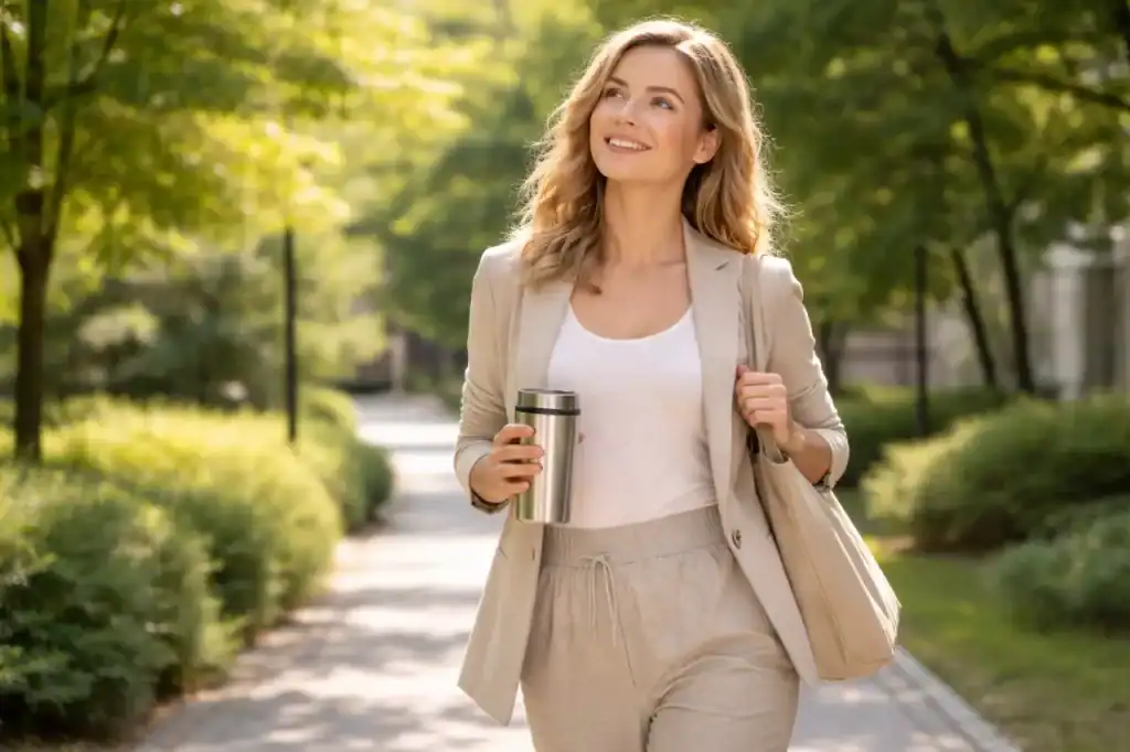 Caminhada leve ao ar livre durante uma pausa do trabalho, representando os micro movimentos e bem-estar na rotina.