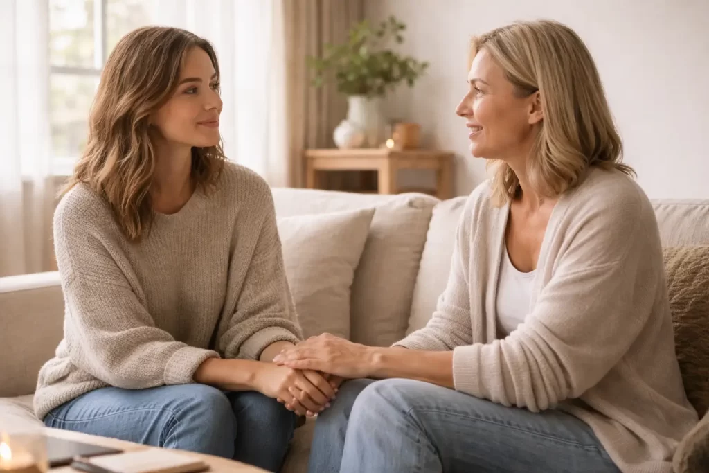 Como lidar com o julgamento em uma conversa calma e acolhedora com pessoas próximas.