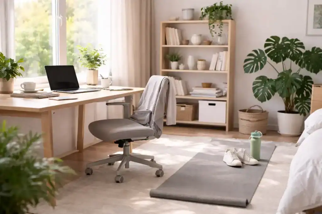 Ambiente de trabalho organizado com espaço para pausa ativa, ilustrando os micro movimentos e rotina saudável.