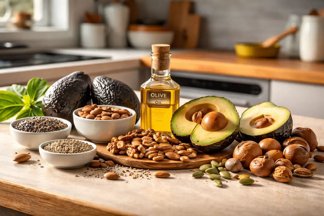 Alimentos ricos em gorduras saudáveis como abacate, azeite de oliva, nozes e sementes para uma alimentação balanceada.