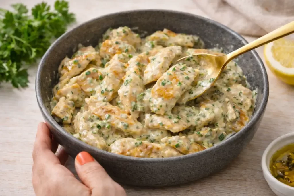 Peito de frango misturado ao molho especial cremoso