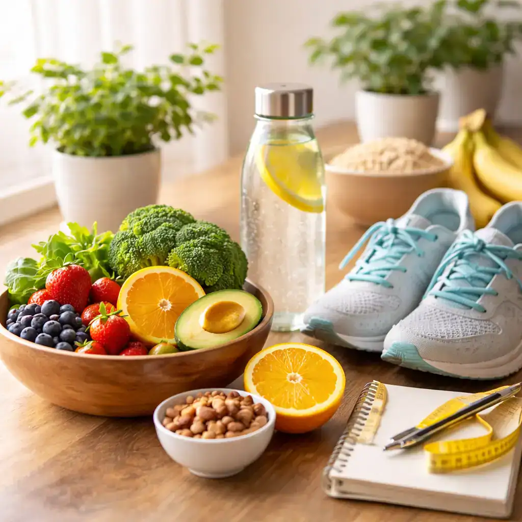 Hábitos saudáveis para uma vida equilibrada envolvendo alimentação, movimento e bem-estar