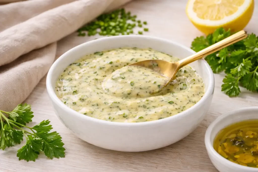 Molho cremoso de ervas para peito de frango saudável